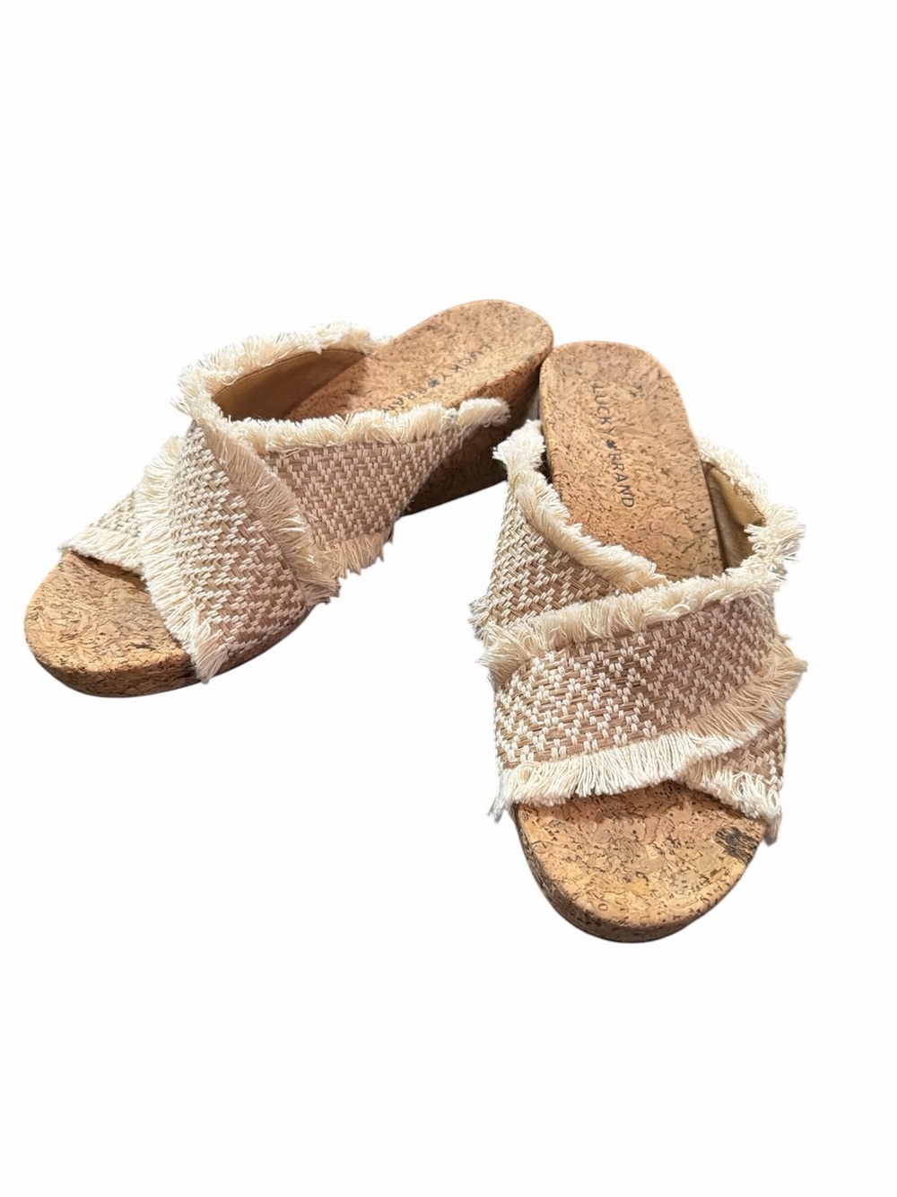 Lucky Brand Fringe Woven Cork Wedge Slide Sandals Size 7 Boho Slip On Slides